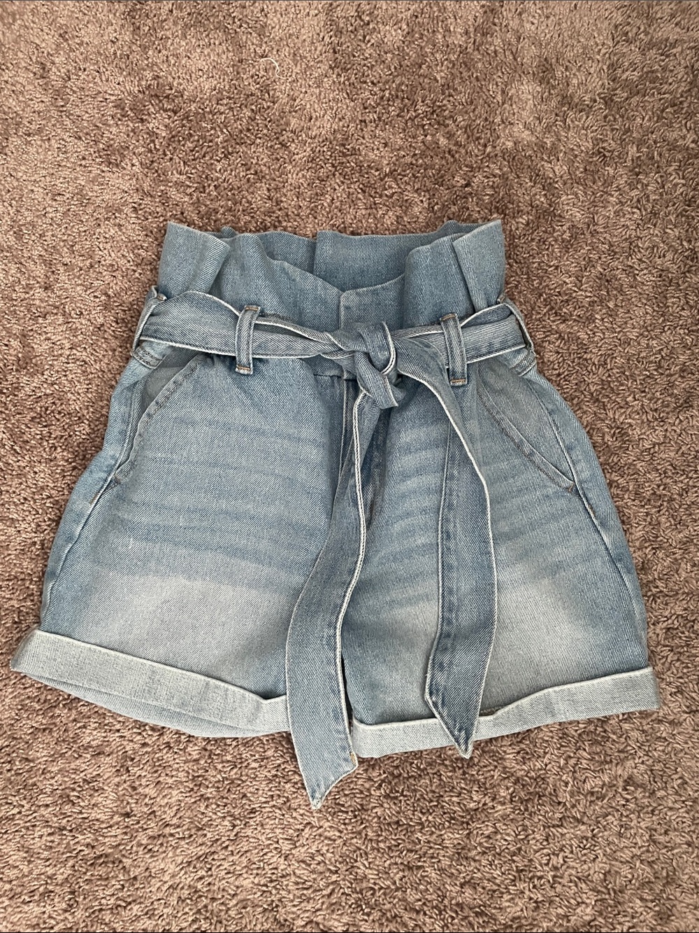 Sincerely Jules Light Blue Paperbag Denim Shorts with Tie Belt